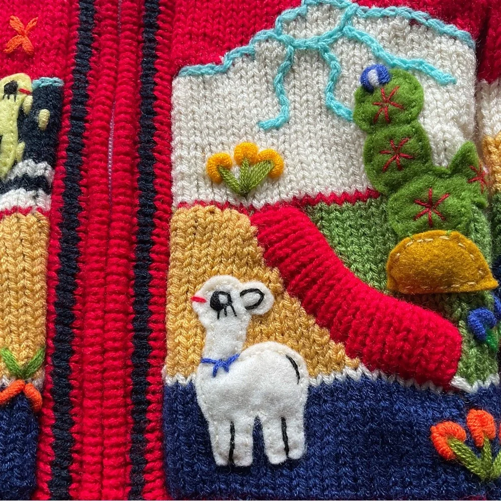 Peruvian Knit Embroidered Hooded Zip Up Red Sweater Animals Sun Toddler Sz 2